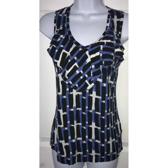 Banana Republic Blue Black White Ruffled Rayon Lyocell Knit Tank Sz XS - Picture 1 of 8